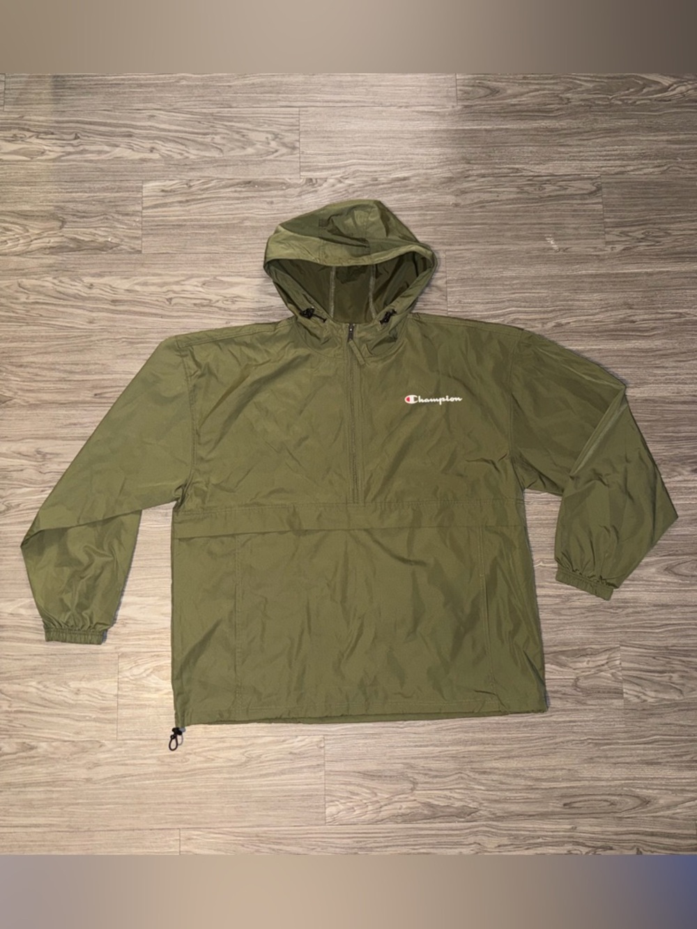 Champion Packable Windbreaker Jacket Olive Green Mens Sz 2XL 1/4 Zip Pockets